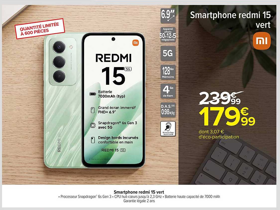 Smartphone redmi 15 vert