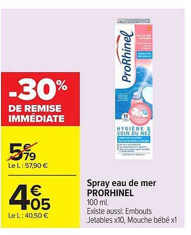 Spray eau de mer PRORHINEL 100 ml. Existe aussi: Embouts Jetables x10, Mouche bébé x1