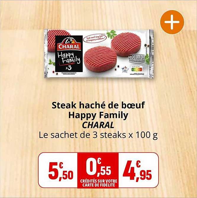 Steak haché de bœuf Happy Family CHARAL Le sachet de 3 steaks x 100 g