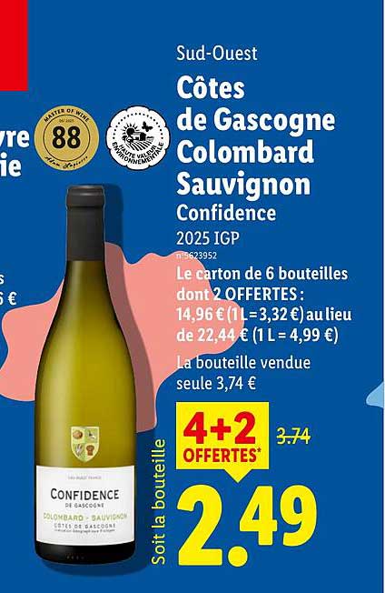 Sud-Ouest Côtes de Gascogne Colombard Sauvignon Confidence 2025 IGP