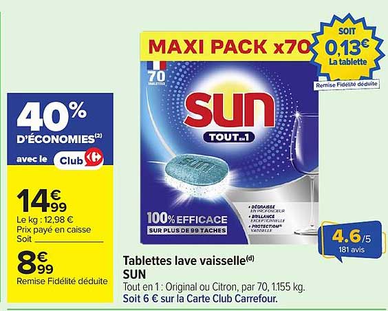 Tablettes de vaisselle SUN Tout en 1 : Original ou Citron, par 70, 1,155 kg. Soit 6 € sur la Carte Club Carrefour.