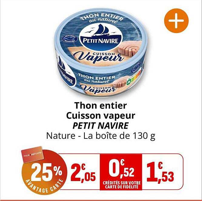 Thon entier Cuisson vapeur PETIT NAVIRE Nature - La boîte de 130 g