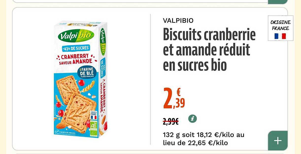VALPIBIO Biscuits cranberry et amande réduit en sucres bio