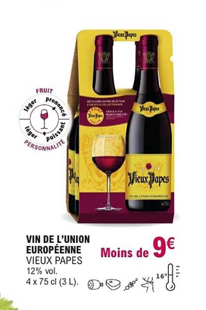 VIN DE L’UNION EUROPÉENNE VIEUX PAPES 12% vol. 4 x 75 cl (3 L).