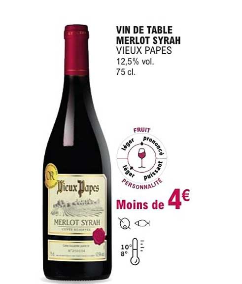VIN DE TABLE MERLOT SYRAH VIEUX PAPES 12,5% vol. 75 cl.