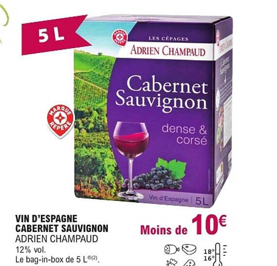 VIN D'ESPAGNE CABERNET SAUVIGNON ADRIEN CHAMPAUD 12% vol. Le bag-in-box de 5 L