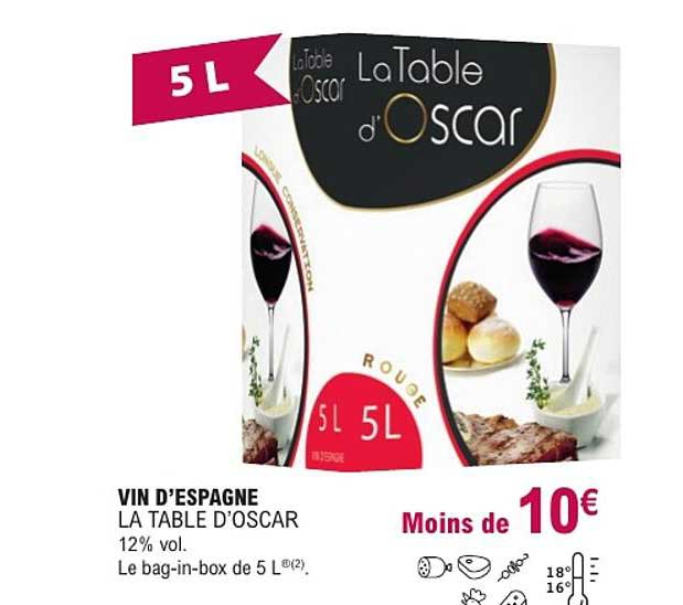 VIN D'ESPAGNE LA TABLE D'OSCAR 12% vol. Le bag-in-box de 5 L