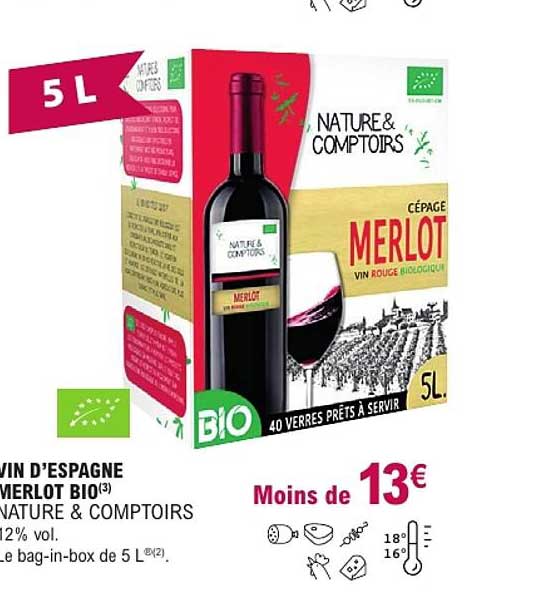 VIN D'ESPAGNE MERLOT BIO(3) NATURE & COMPTOIRS 12% vol. Le bag-in-box de 5 L