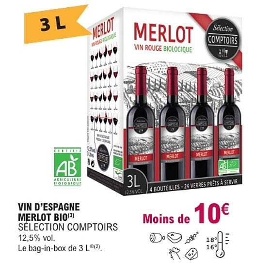VIN D’ESPAGNE MERLOT BIO(3) SÉLECTION COMPTOIRS