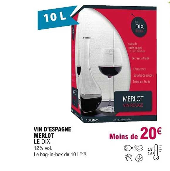 VIN D’ESPAGNE MERLOT LE DIX 12% vol. Le bag-in-box de 10 L