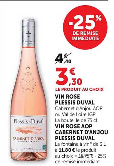 VIN ROSE PLESSIS DUVAL Cabernet d'Anjou AOP ou Val de Loire IGP La bouteille de 75 cl