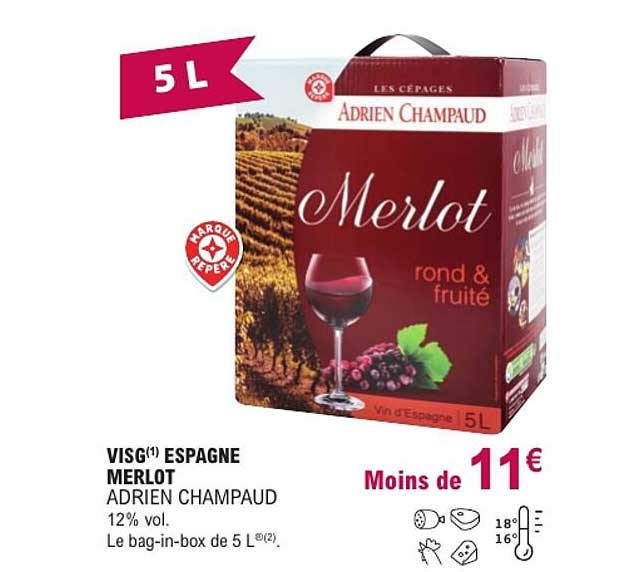 VISG(1) ESPAGNE MERLOT ADRIEN CHAMPAUD 12% vol. Le bag-in-box de 5 L