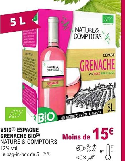 VSIG(1) ESPAGNE GRENACHE BIO(3) NATURE & COMPTOIRS 12% vol. Le bag-in-box de 5 L