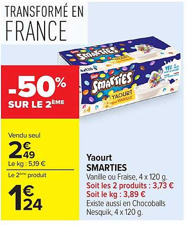 Yaourt SMARTIES Vanille ou Fraise 4 x 120 g