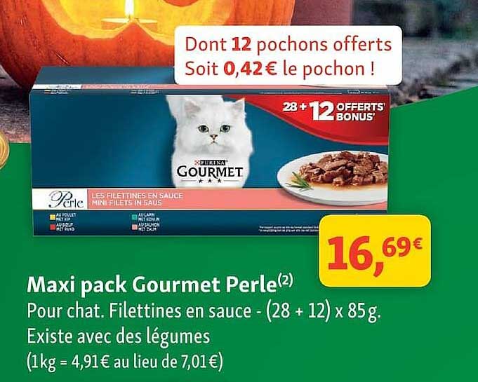 Maxi pack Gourmet Perle(2) Pour chat. Filettines en sauce - (28 + 12) x 85g. Existe avec des légumes (1kg = 4,91€ au lieu de 7,01€)