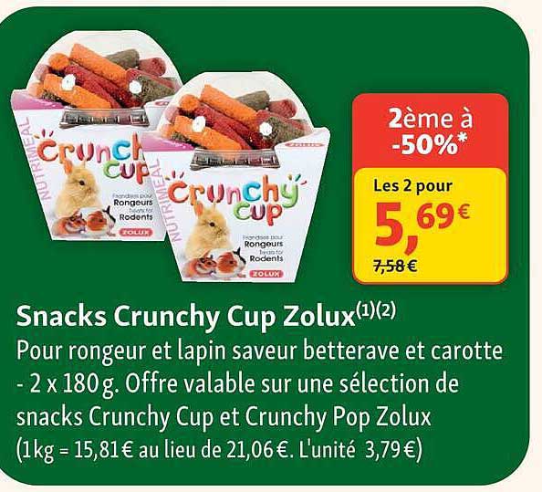 Snacks Crunchy Cup Zolux(1)(2) Pour rongeur et lapin saveur betterave et carotte - 2 x 180g. Offre valable sur une sélection de snacks Crunchy Cup et Crunchy Pop Zolux (1kg = 15,81€ au lieu de 21,06€. L'unité 3,79€)