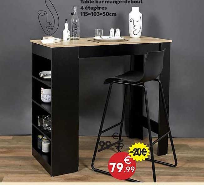 Table bar mange-debout 4 étagères 115x103x50cm