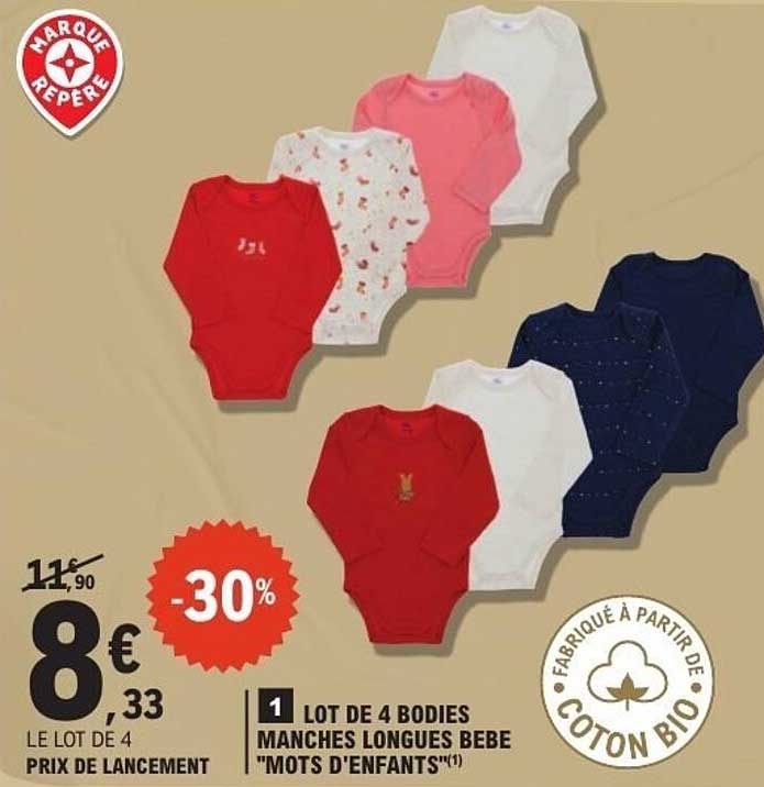 1 LOT DE 4 BODIES MANCHES LONGUES BEBE "MOTS D'ENFANTS"