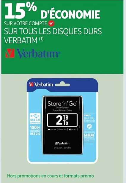 15% d'économie sur votre compte sur tous les disques durs Verbatim