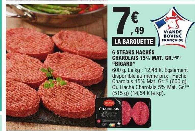 6 STEAKS HACHÉS CHAROLAIS 15% MAT. GR. "BIGARD"