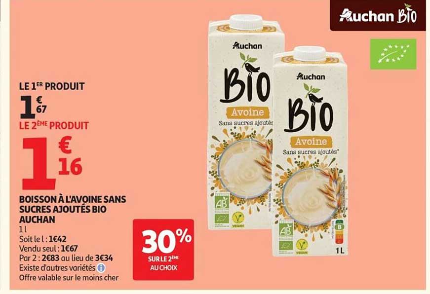 BOISSON À L'AVOINE SANS SUCRES AJOUTÉS BIO AUCHAN