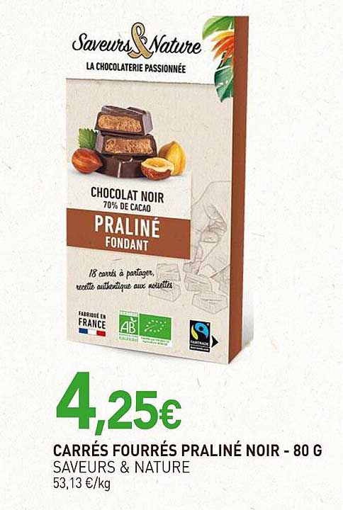 CARRÉS FOURRÉS PRALINÉ NOIR - 80 G