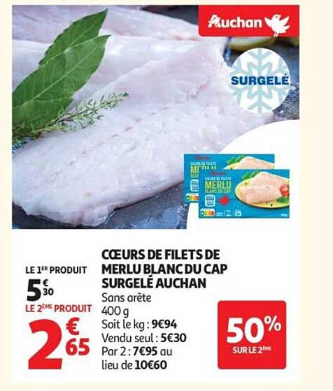Cœurs de filets de merlu blanc du cap surgelé Auchan
