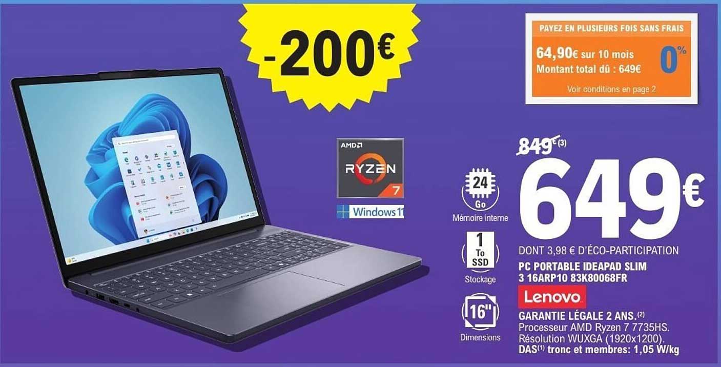 PC PORTABLE IDEAPAD SLIM 3 16ARP10 83K80068FR