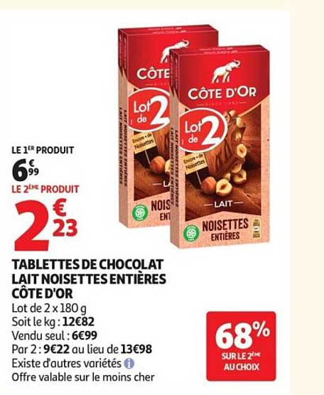 TABLETTES DE CHOCOLAT LAIT NOISETTES ENTIÈRES CÔTE D'OR