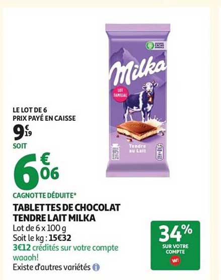 TABLETTES DE CHOCOLAT TENDRE LAIT MILKA