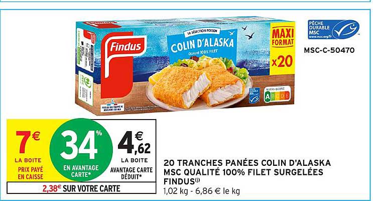 20 TRANCHES PANÉES COLIN D'ALASKA MSC QUALITÉ 100% FILET SURGELÉES FINDUS