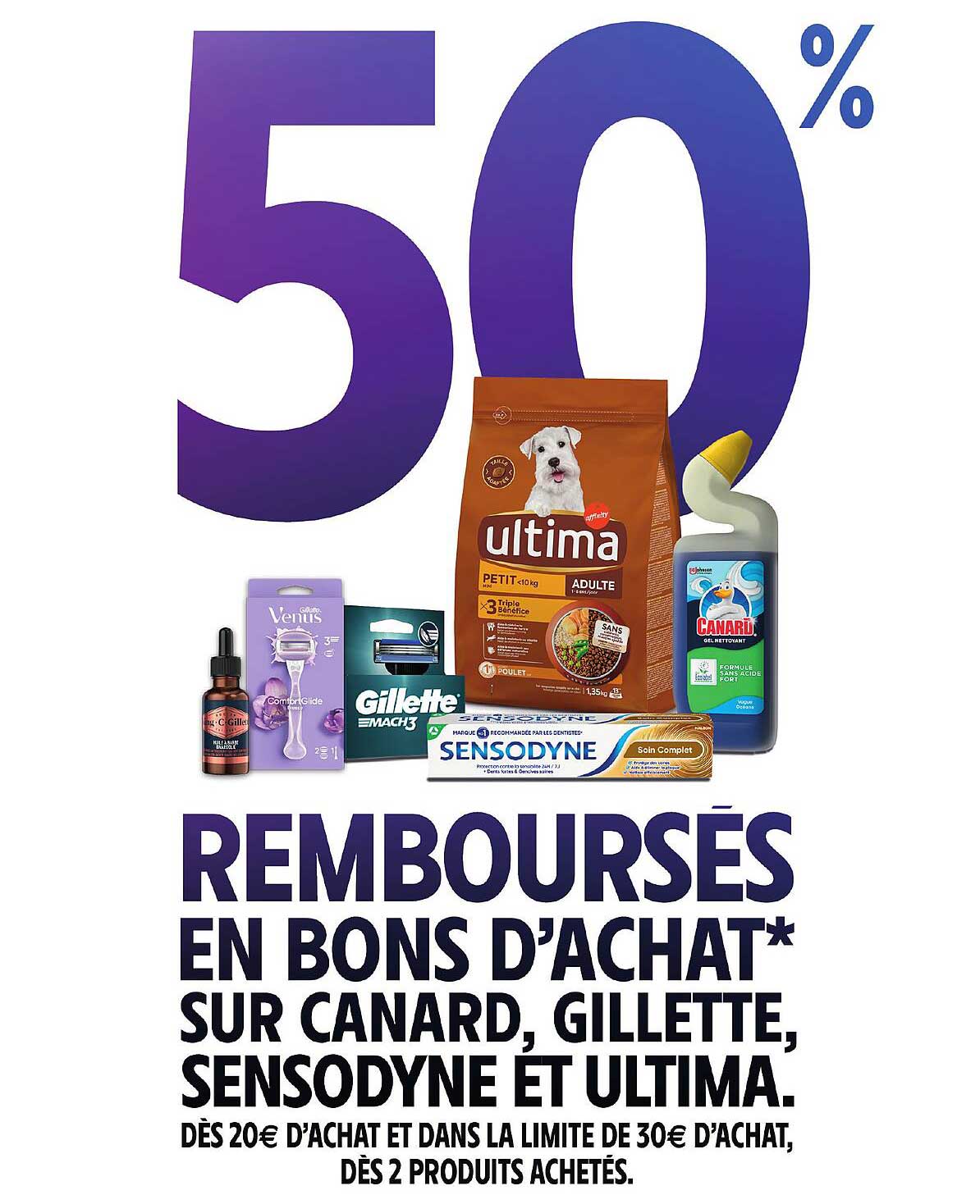 50% remboursés en bons d'achat* sur Canard, Gillette, Sensodyne et Ultima.