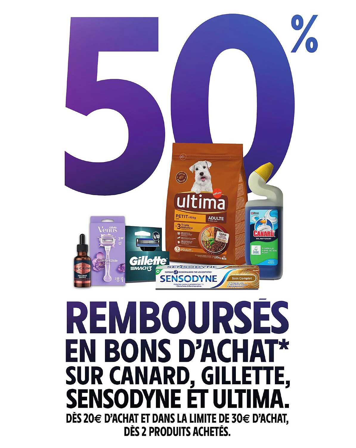 50% REMBOURSÉS EN BONS D'ACHAT* SUR CANARD, GILLETTE, SENSODYNE ET ULTIMA.