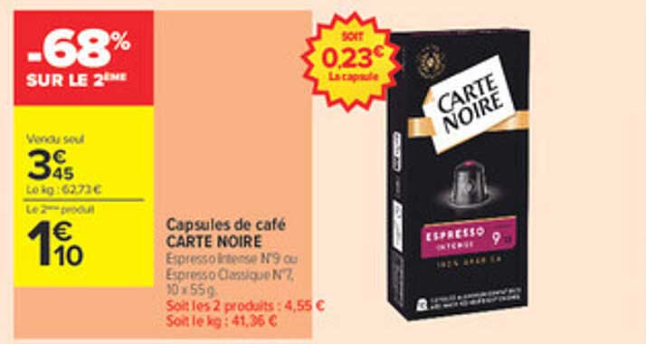 Capsules de café CARTE NOIRE Espresso Intense N°9 ou Espresso Classique N°7, 10 x 55 g