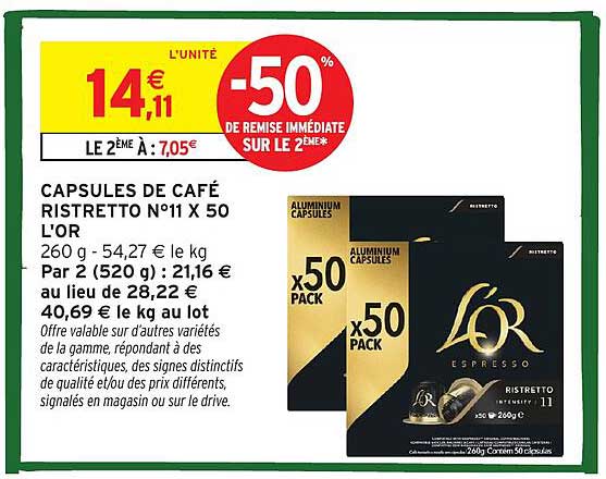 CAPSULES DE CAFÉ RISTRETTO N°11 X 50 L'OR