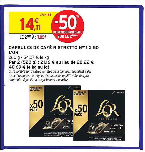 CAPSULES DE CAFÉ RISTRETTO N°11 X 50 L'OR