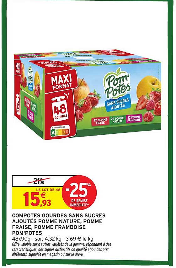 COMPOTES GOURDES SANS SUCRES AJOUTÉS POMME NATURE, POMME FRAISE, POMME FRAMBOISE POM'POTES