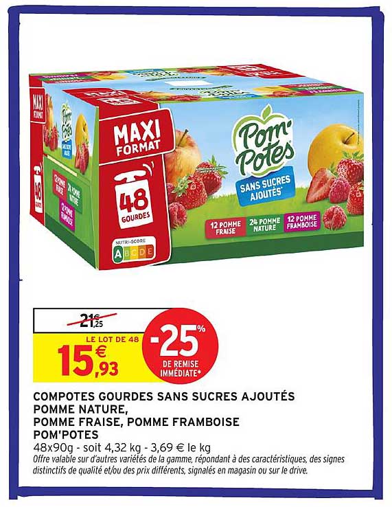 COMPOTES GOURDES SANS SUCRES AJOUTÉS POMME NATURE, POMME FRAISE, POMME FRAMBOISE POM'POTES