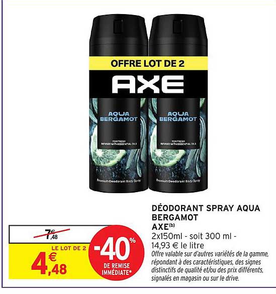 DÉODORANT SPRAY AQUA BERGAMOT AXE® 2x150ml - soit 300 ml -