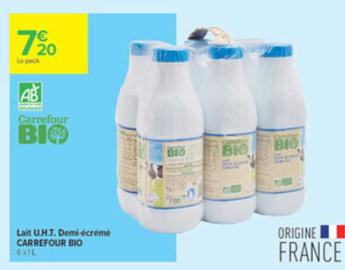 Lait U.H.T. Demi-écrémé CARREFOUR BIO 6 x 1L