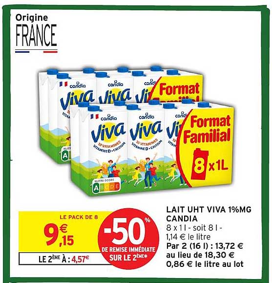 LAIT UHT VIVA 1%MG CANDIA 8 x 1 l - soit 8 l -