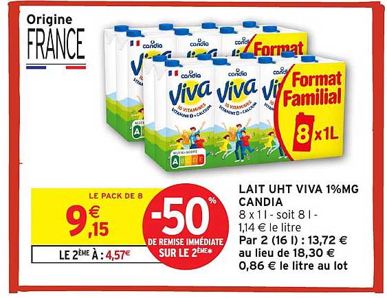 LAIT UHT VIVA 1%MG CANDIA