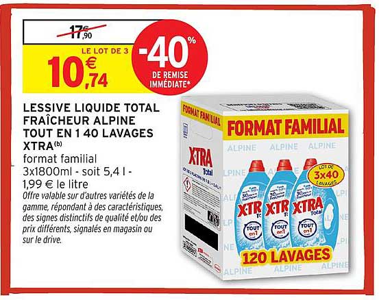 LESSIVE LIQUIDE TOTAL FRAICHEUR ALPINE TOUT EN 1 40 LAVAGES XTRA(b) format familial 3x1800ml- soit 5,4 l - 1,99 € le litre