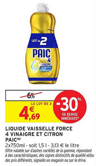 LIQUIDE VAISSELLE FORCE 4 VINAIGRE ET CITRON PAIC(b)