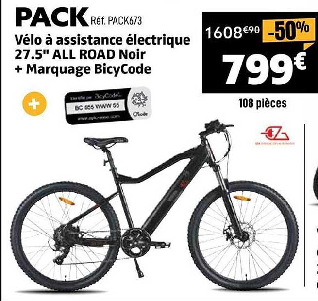 PACK Réf. PACK673 Vélo à assistance électrique 27.5" ALL ROAD Noir + Marquage BicyCode