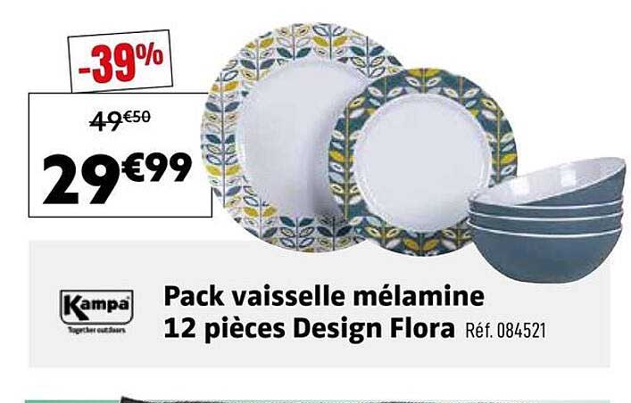 Pack vaisselle mélamine 12 pièces Design Flora Réf. 084521