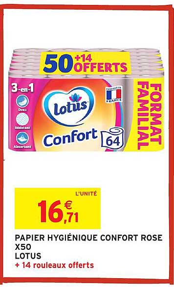 PAPIER HYGIÉNIQUE CONFORT ROSE X50 LOTUS + 14 rouleaux offerts