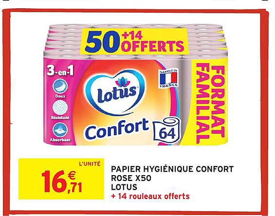 PAPIER HYGIÉNIQUE CONFORT ROSE X50 LOTUS + 14 rouleaux offerts