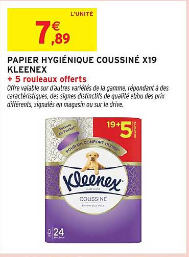 PAPIER HYGIÉNIQUE COUSSINÉ X19 KLEENEX + 5 rouleaux offerts