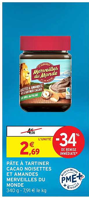 PÂTE À TARTINER CACAO NOISETTES ET AMANDES MERVEILLES DU MONDE 340 g - 7,91 € le kg